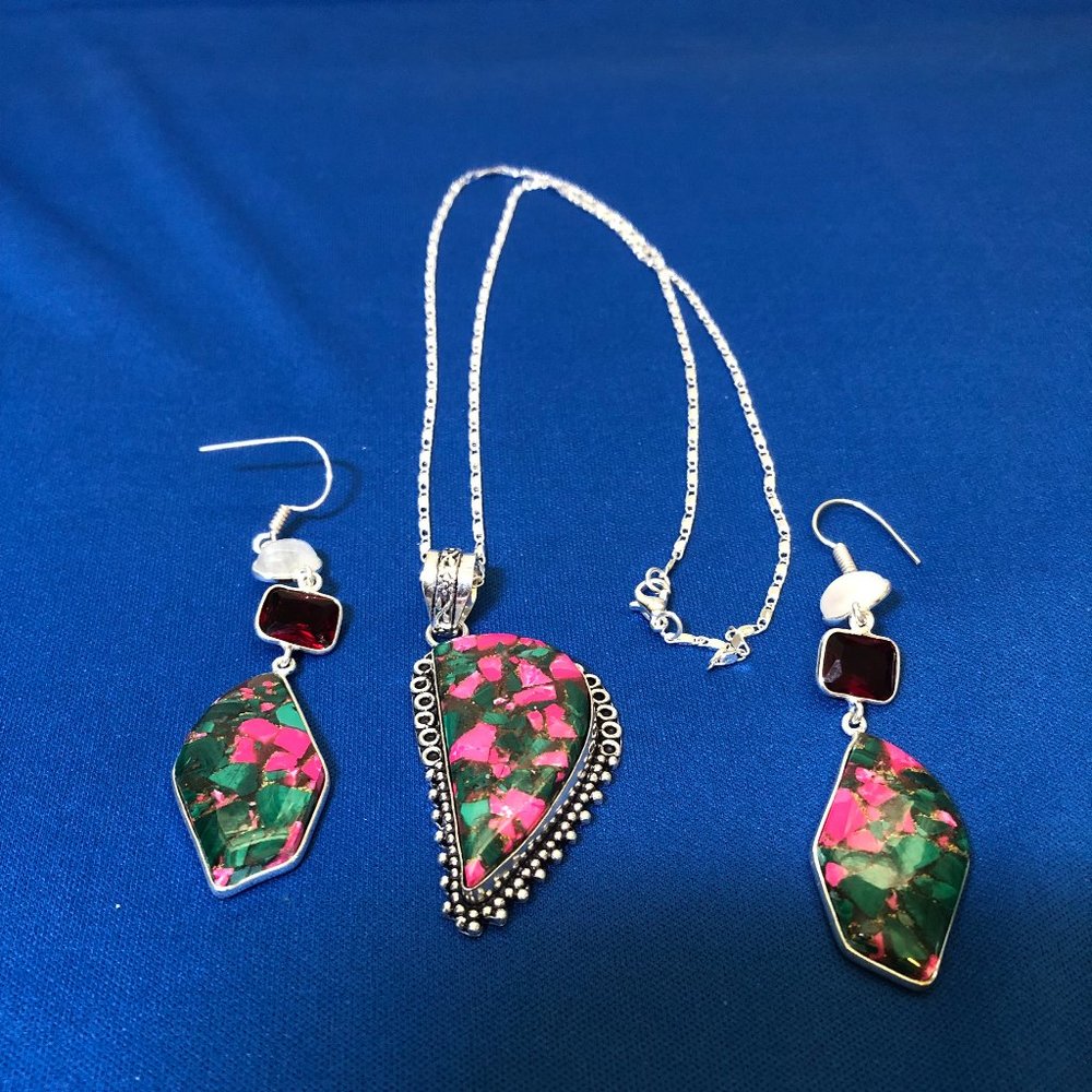 Handmade Copper Malachite +Pink Agate Gemstone 925 Stamped Sterling Silver Set. - Picture 2 of 5